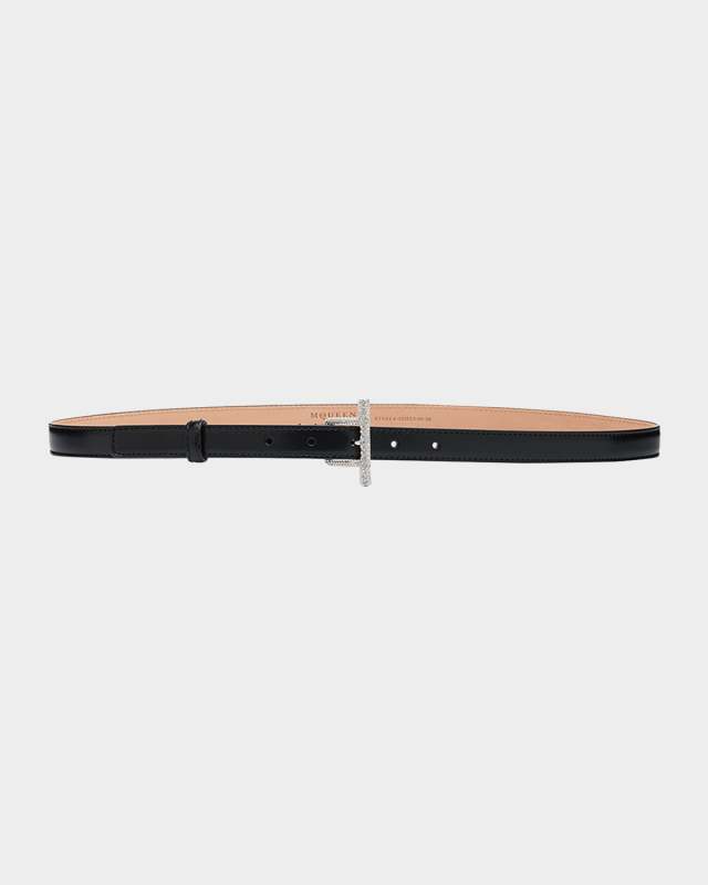 Crystal T-Bar Leather Skinny Belt